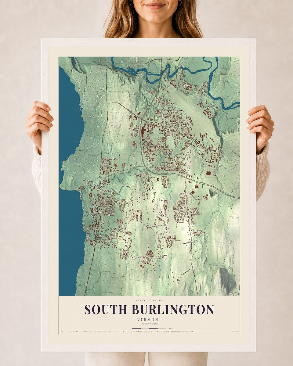 South Burlington, Vermont map print - 24 x 36 white Ayous wood frame