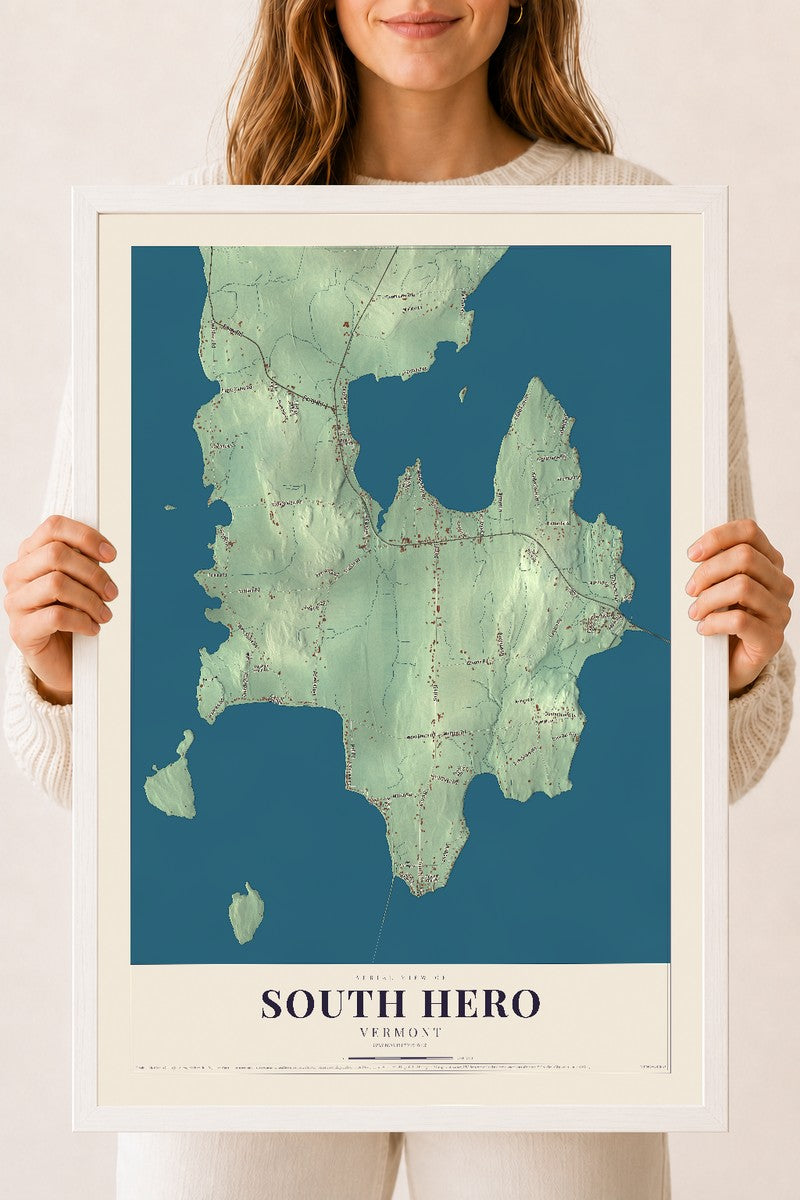 South Hero, Vermont map print - 18 x 24 white Ayous wood frame