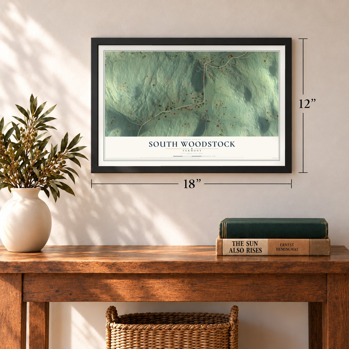 South Woodstock, Vermont map, 12 x 18 inch print in a black frame in an entryway