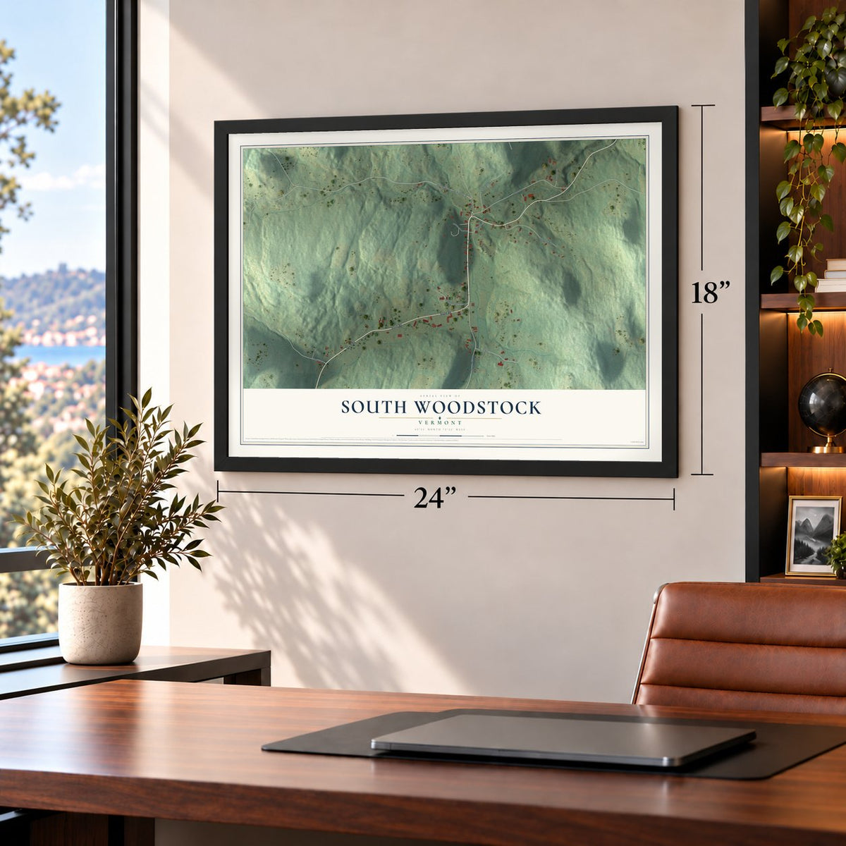 South Woodstock, Vermont map, 18 x 24 inch print in a black frame in a home office