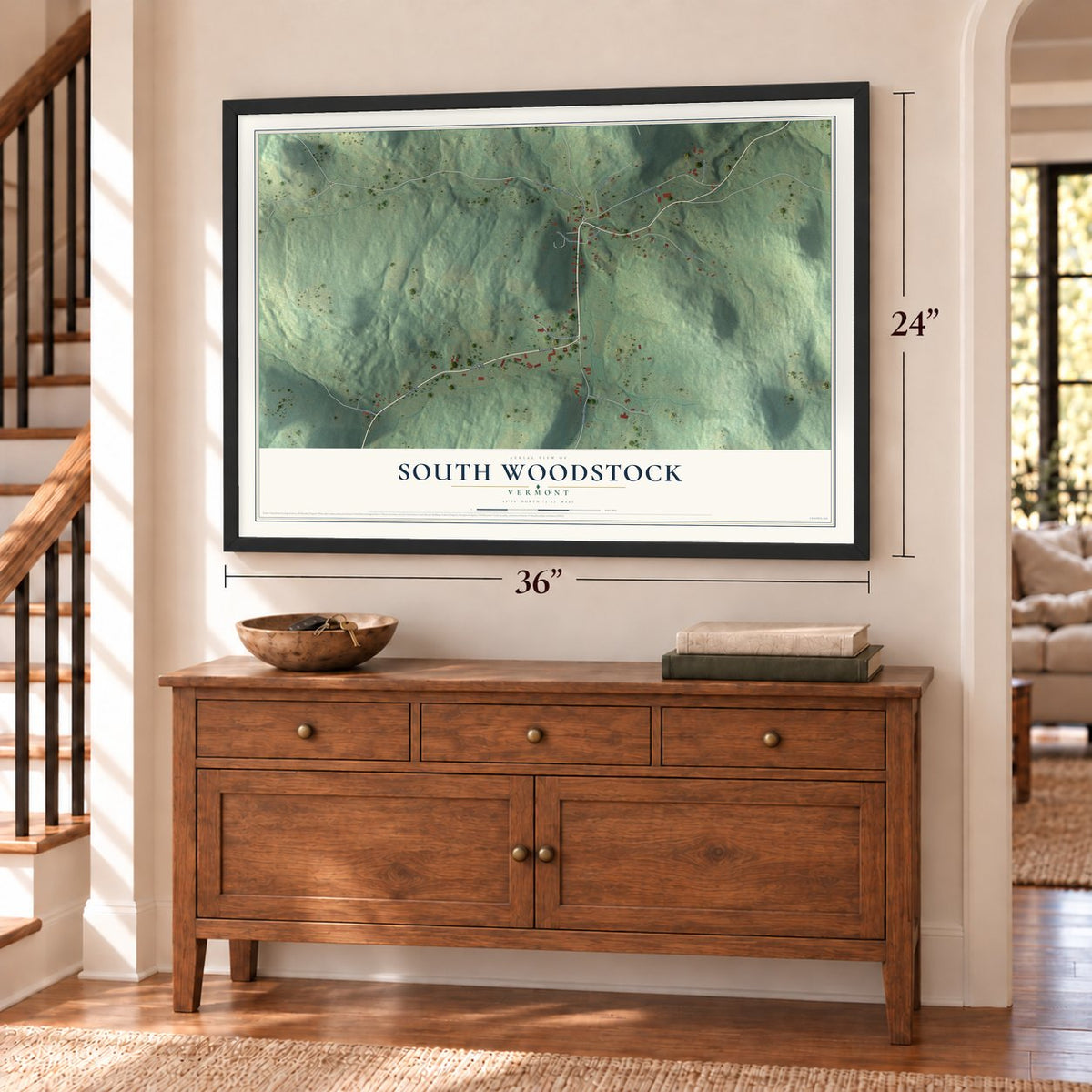 South Woodstock, Vermont map, 24 x 36 inch print in a black frame above a dresser by a staircase