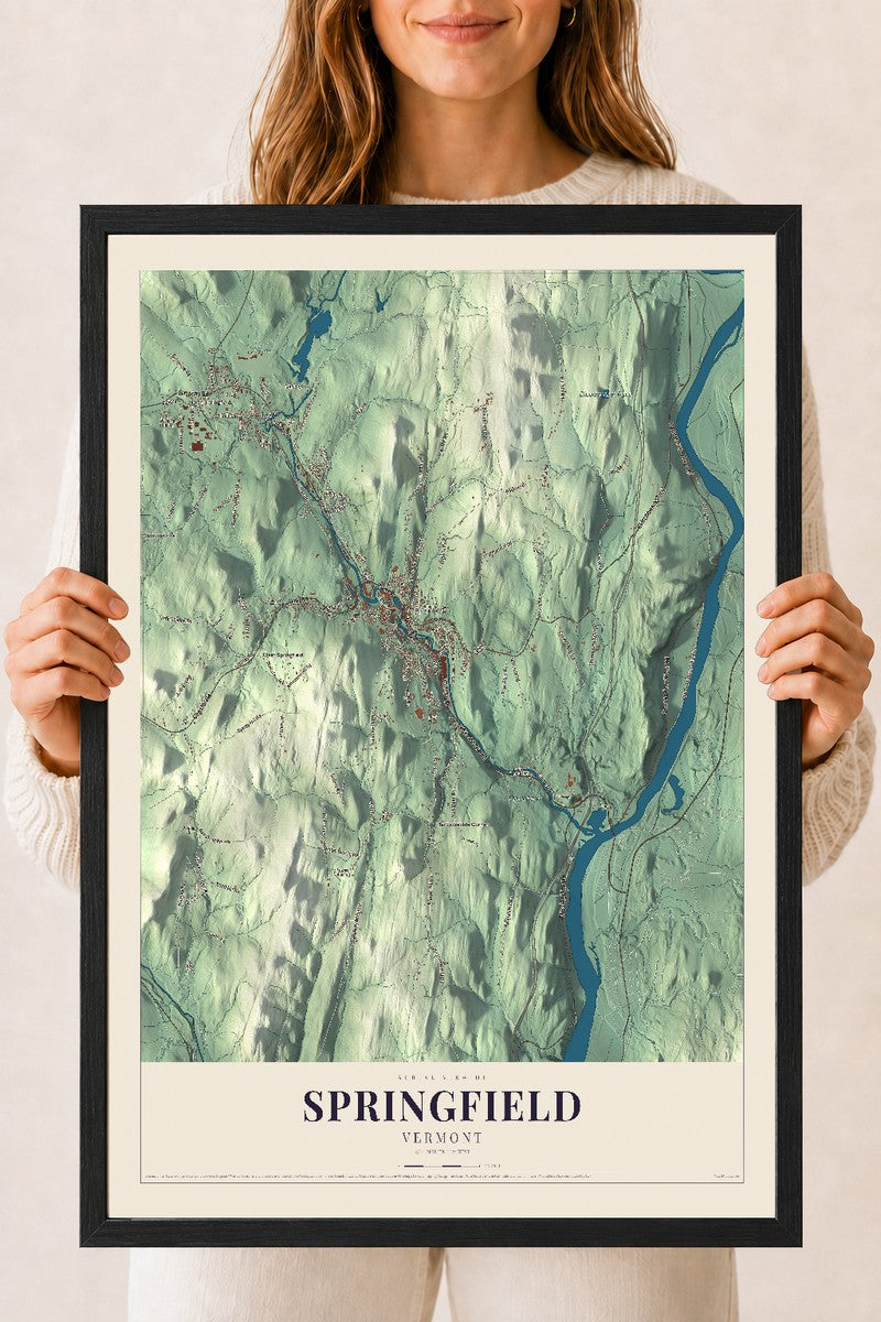 Springfield, Vermont map print - 18 x 24 black Ayous wood frame