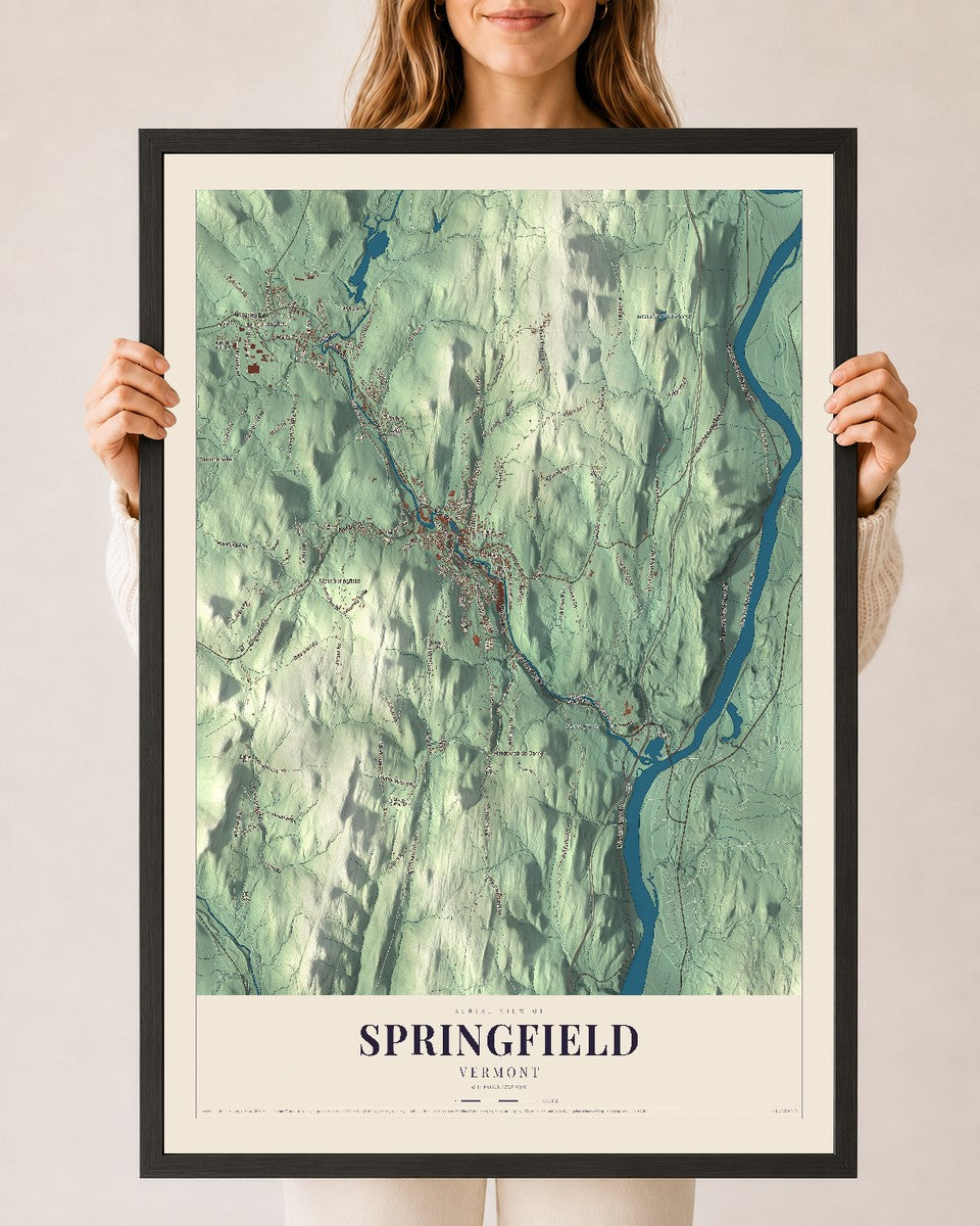 Springfield, Vermont map print - 24 x 36 black Ayous wood frame