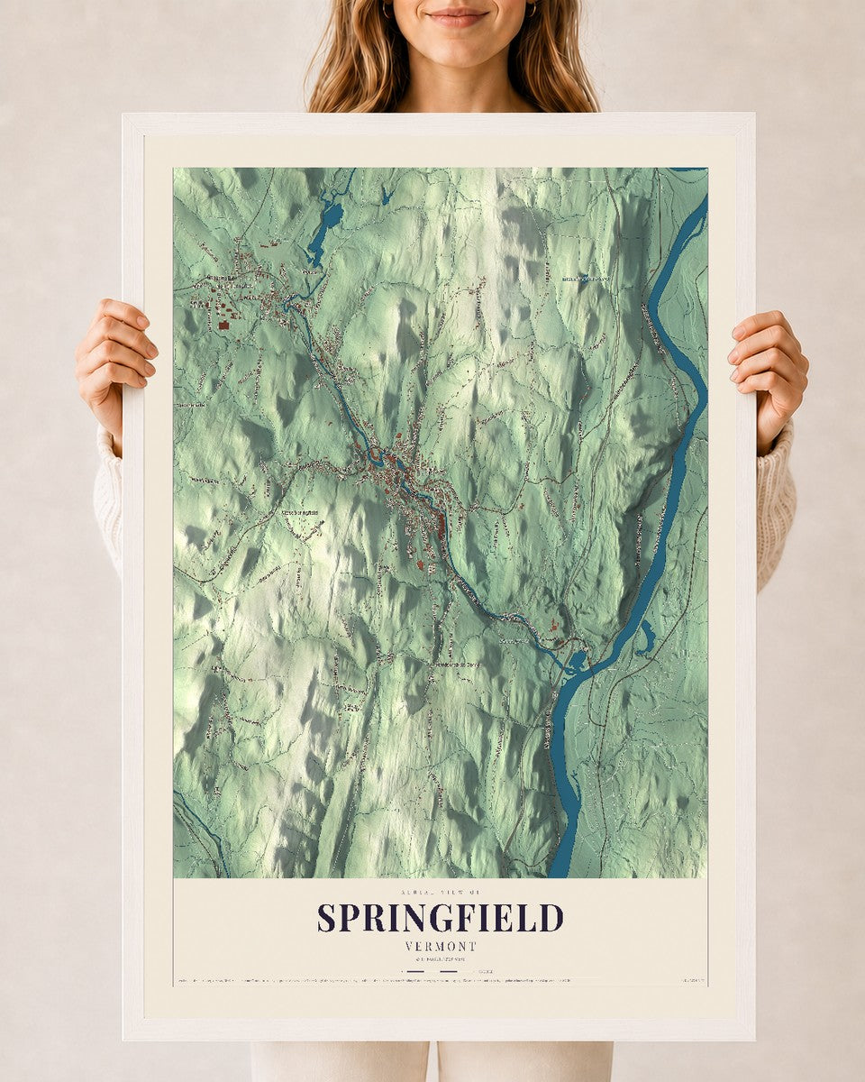 Springfield, Vermont map print - 24 x 36 white Ayous wood frame