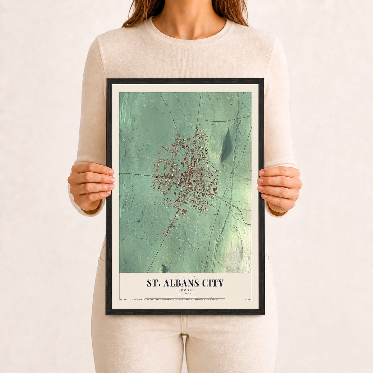 St. Albans City, Vermont map print - 12 x 18 black Ayous wood frame