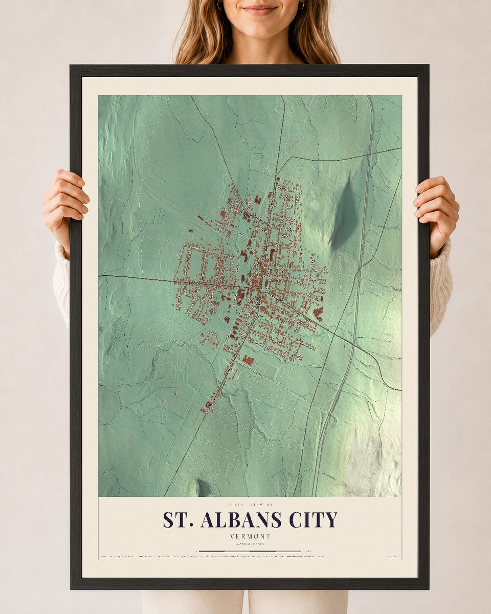 St. Albans City, Vermont map print - 24 x 36 black Ayous wood frame