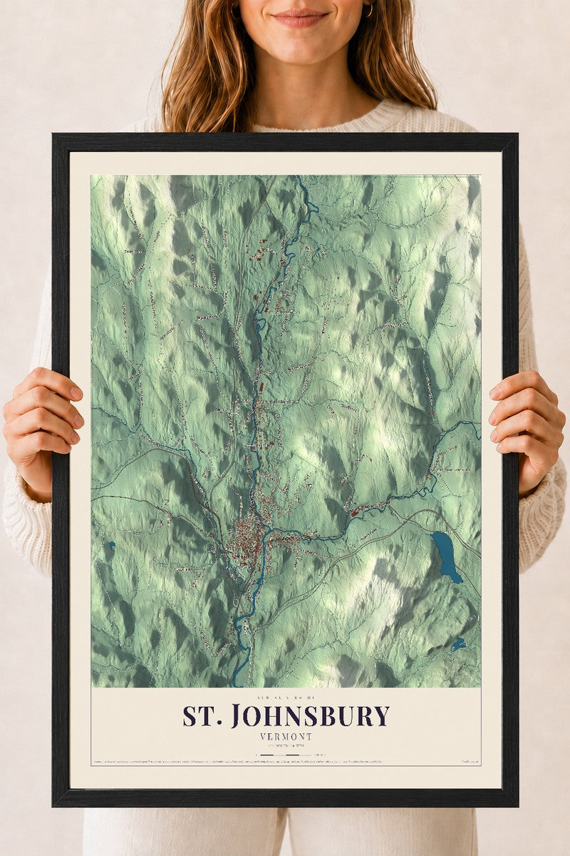 St. Johnsbury, Vermont map print - 18 x 24 black Ayous wood frame