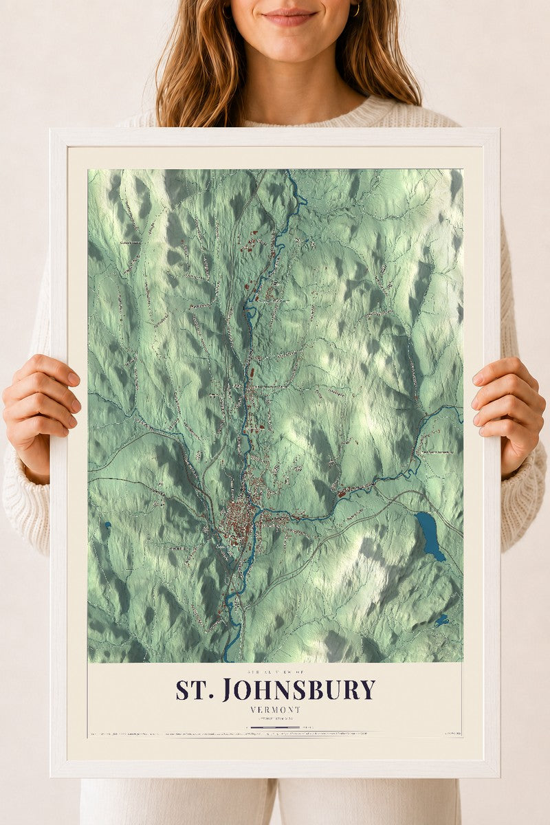 St. Johnsbury, Vermont map print - 18 x 24 white Ayous wood frame