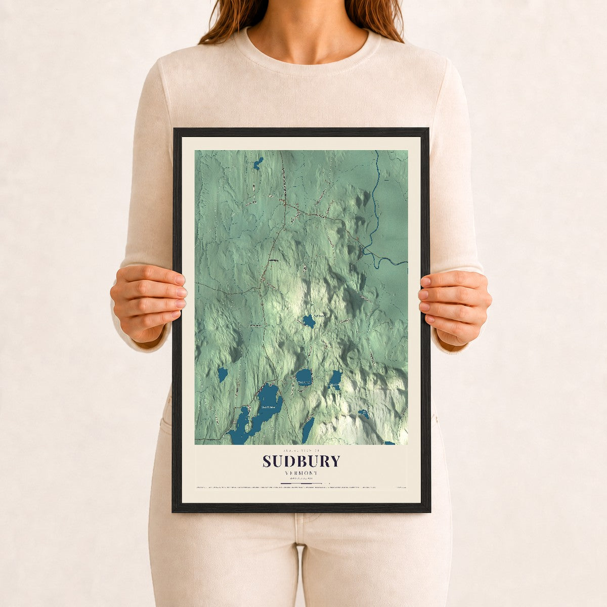 Sudbury, Vermont map print - 12 x 18 black Ayous wood frame
