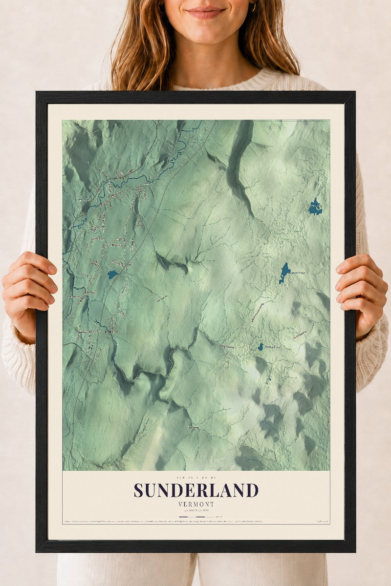 Sunderland, Vermont map print - 18 x 24 black Ayous wood frame