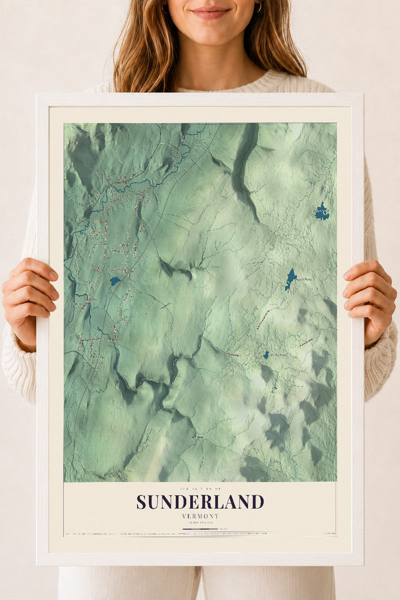 Sunderland, Vermont map print - 18 x 24 white Ayous wood frame