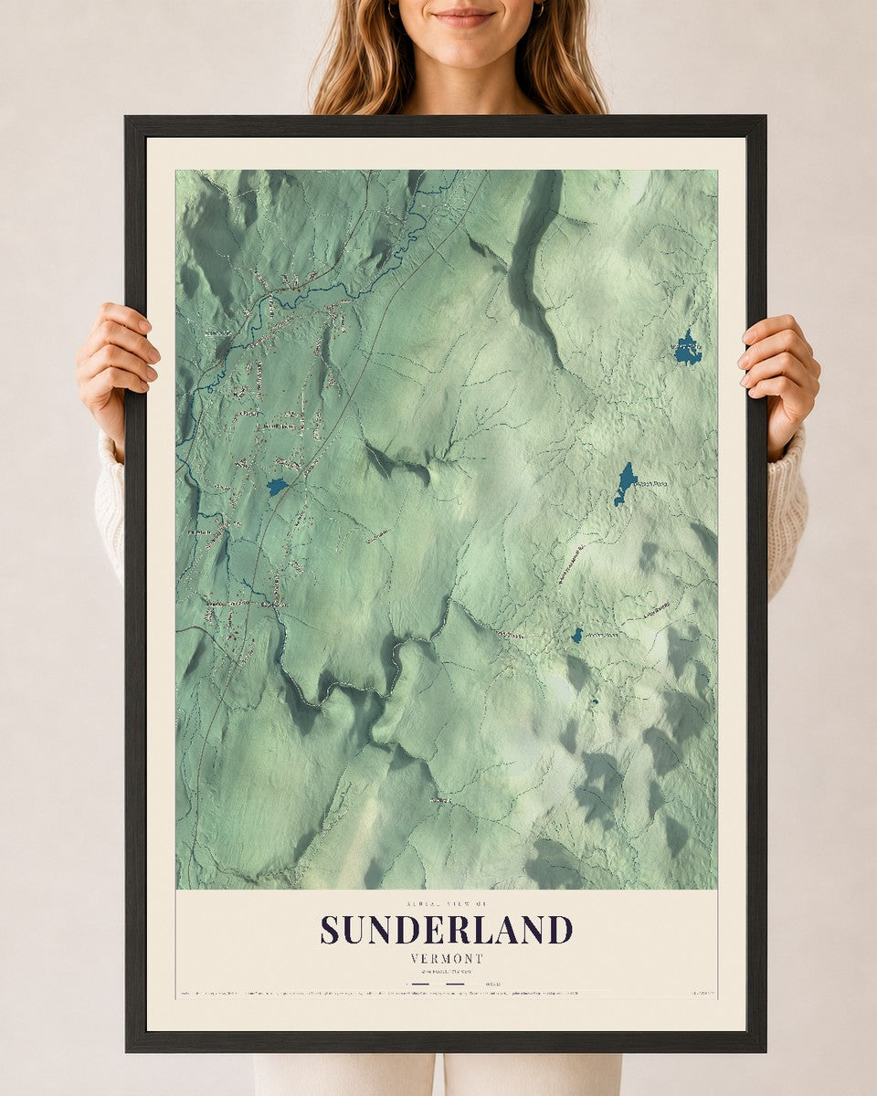 Sunderland, Vermont map print - 24 x 36 black Ayous wood frame