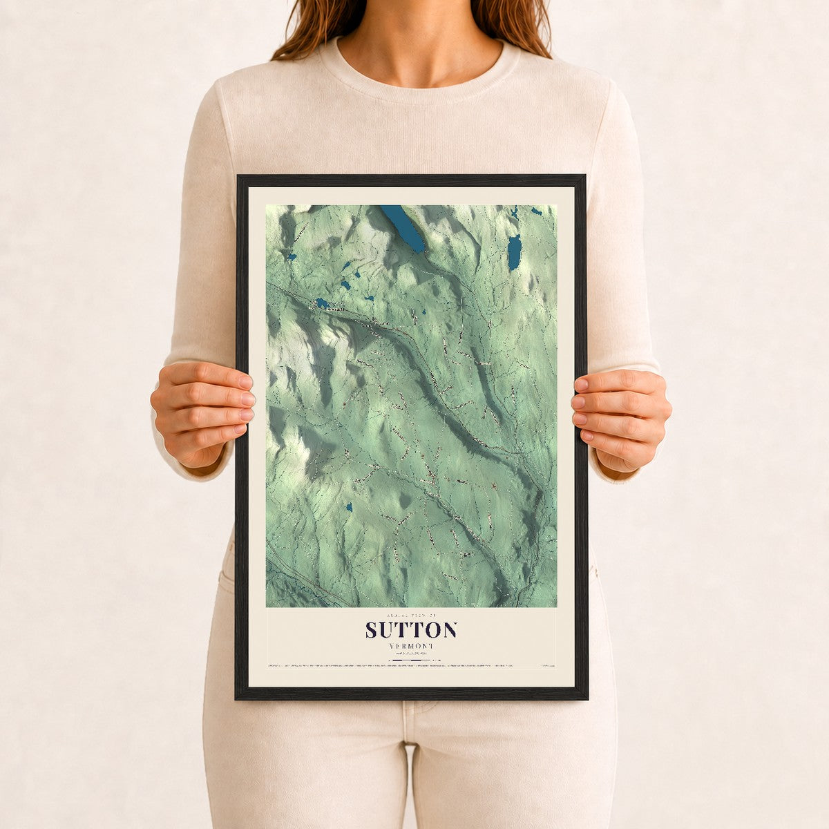 Sutton, Vermont map print - 12 x 18 black Ayous wood frame