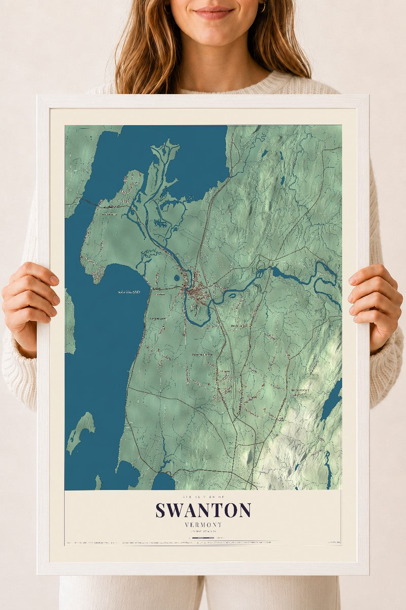 Swanton, Vermont map print - 18 x 24 white Ayous wood frame