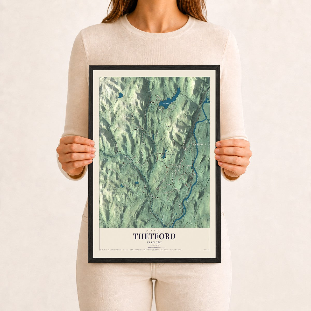 Thetford, Vermont map print - 12 x 18 black Ayous wood frame