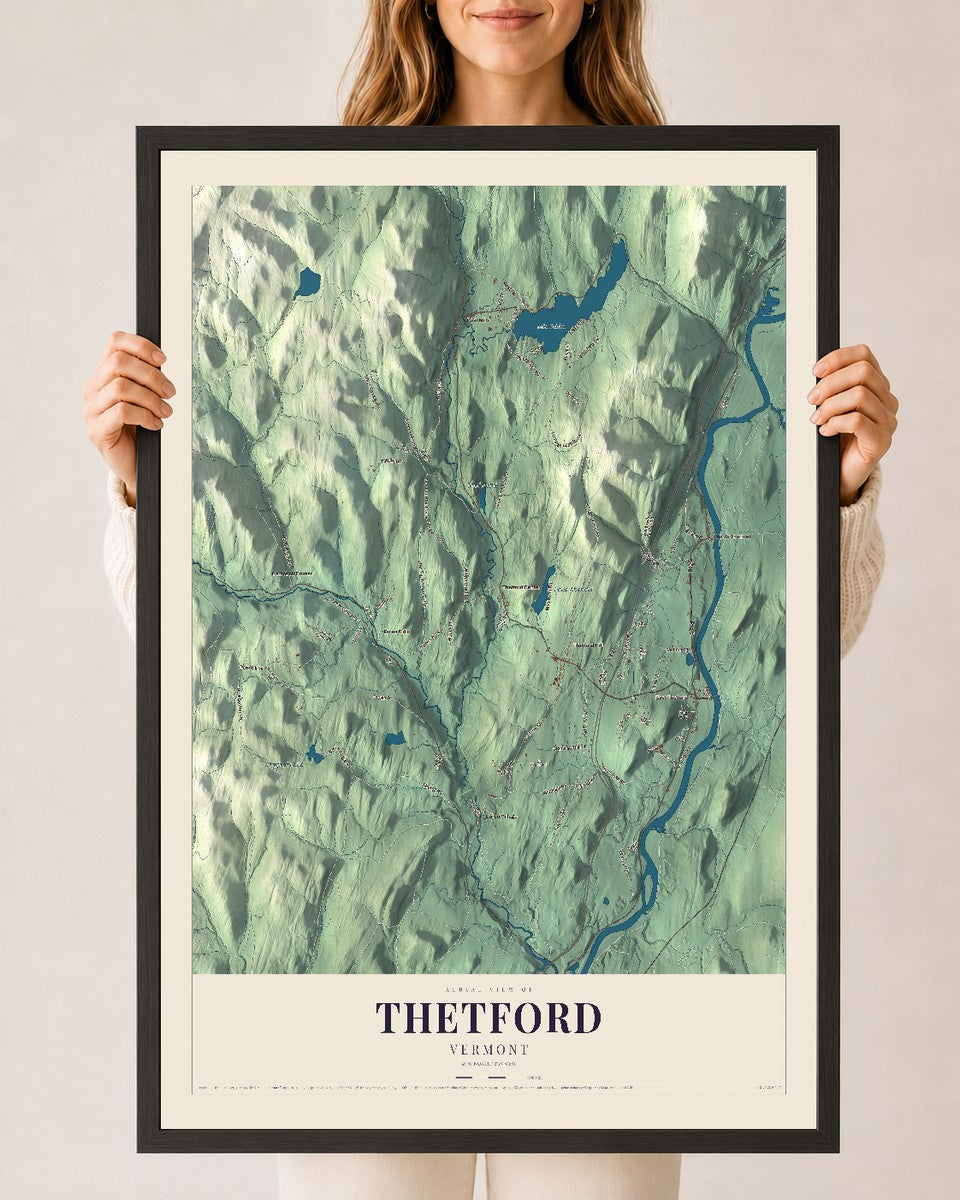 Thetford, Vermont map print - 24 x 36 black Ayous wood frame