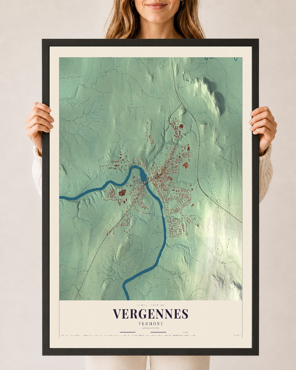 Vergennes, Vermont map print - 24 x 36 black Ayous wood frame