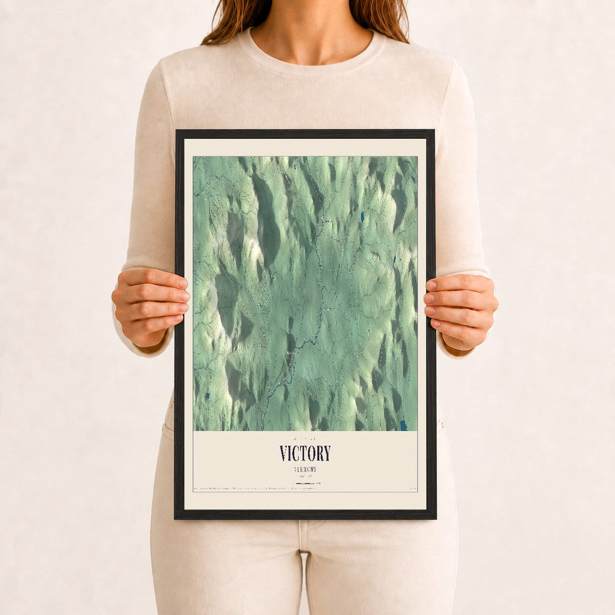 Victory, Vermont map print - 12 x 18 black Ayous wood frame