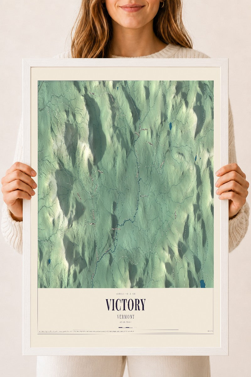 Victory, Vermont map print - 18 x 24 white Ayous wood frame