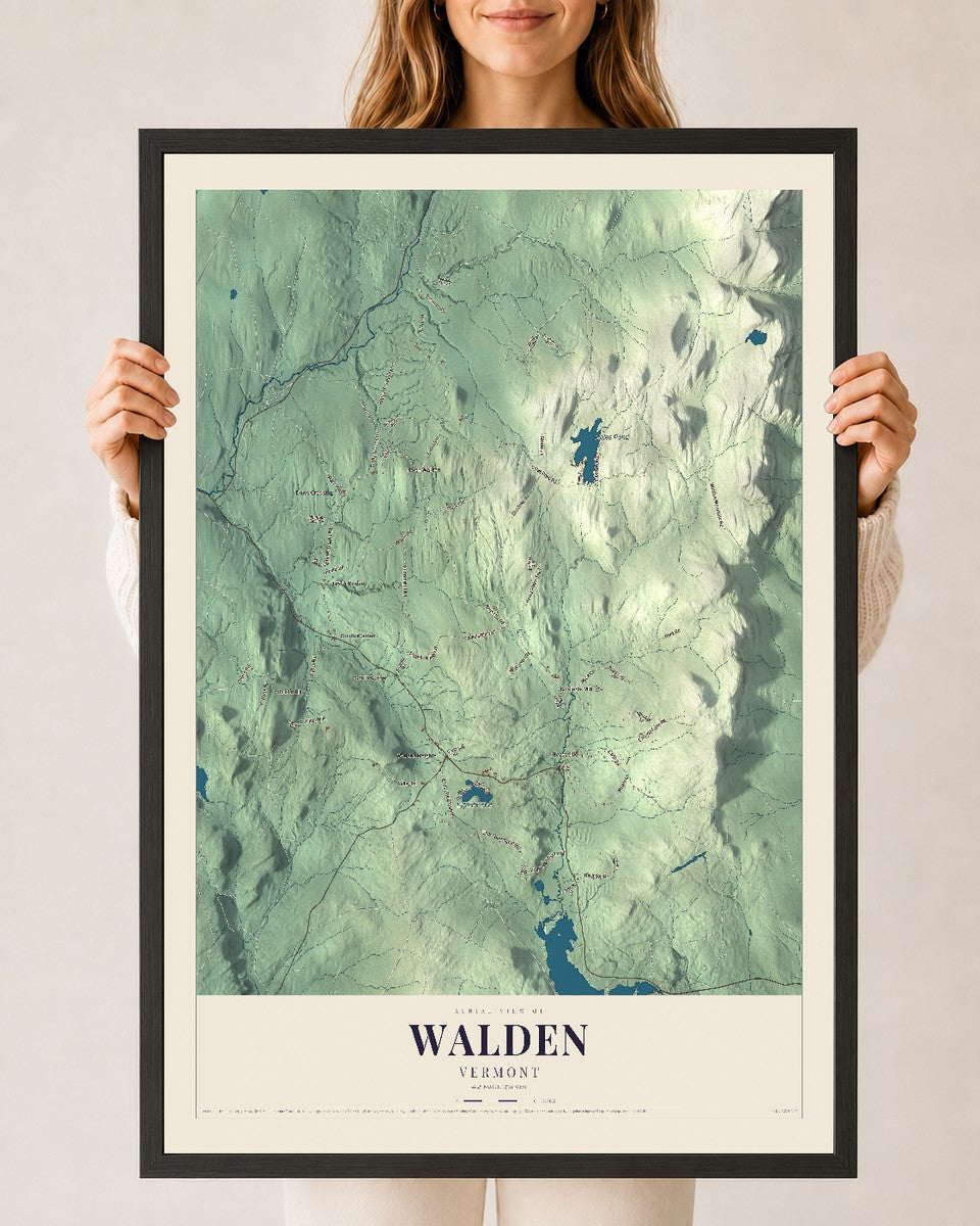 Walden, Vermont map print - 24 x 36 black Ayous wood frame