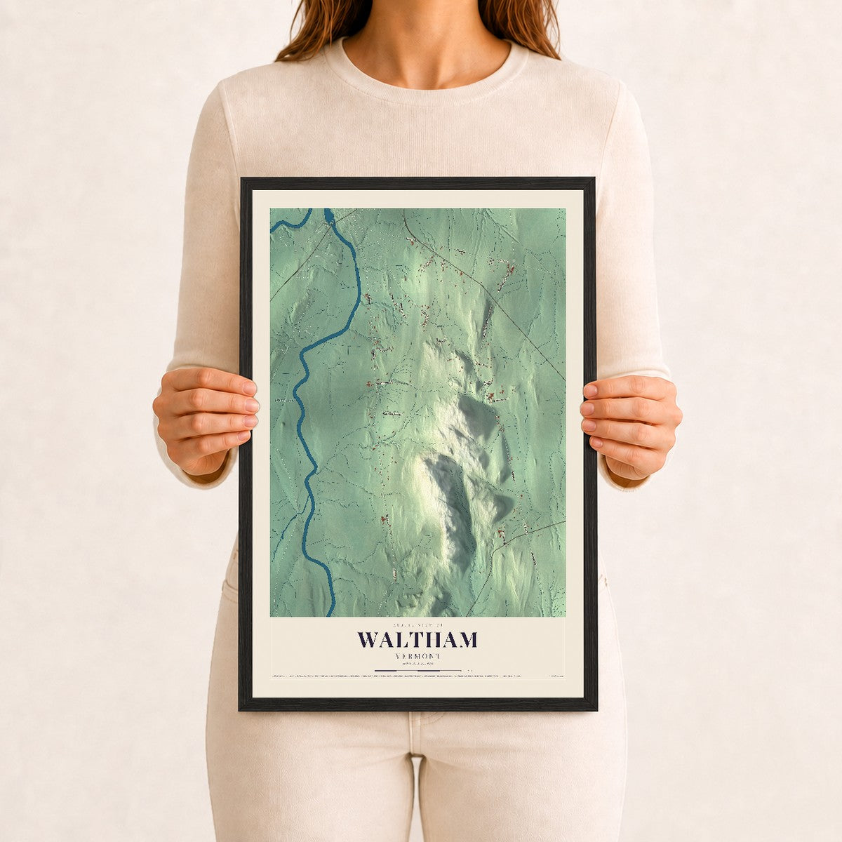 Waltham, Vermont map print - 12 x 18 black Ayous wood frame