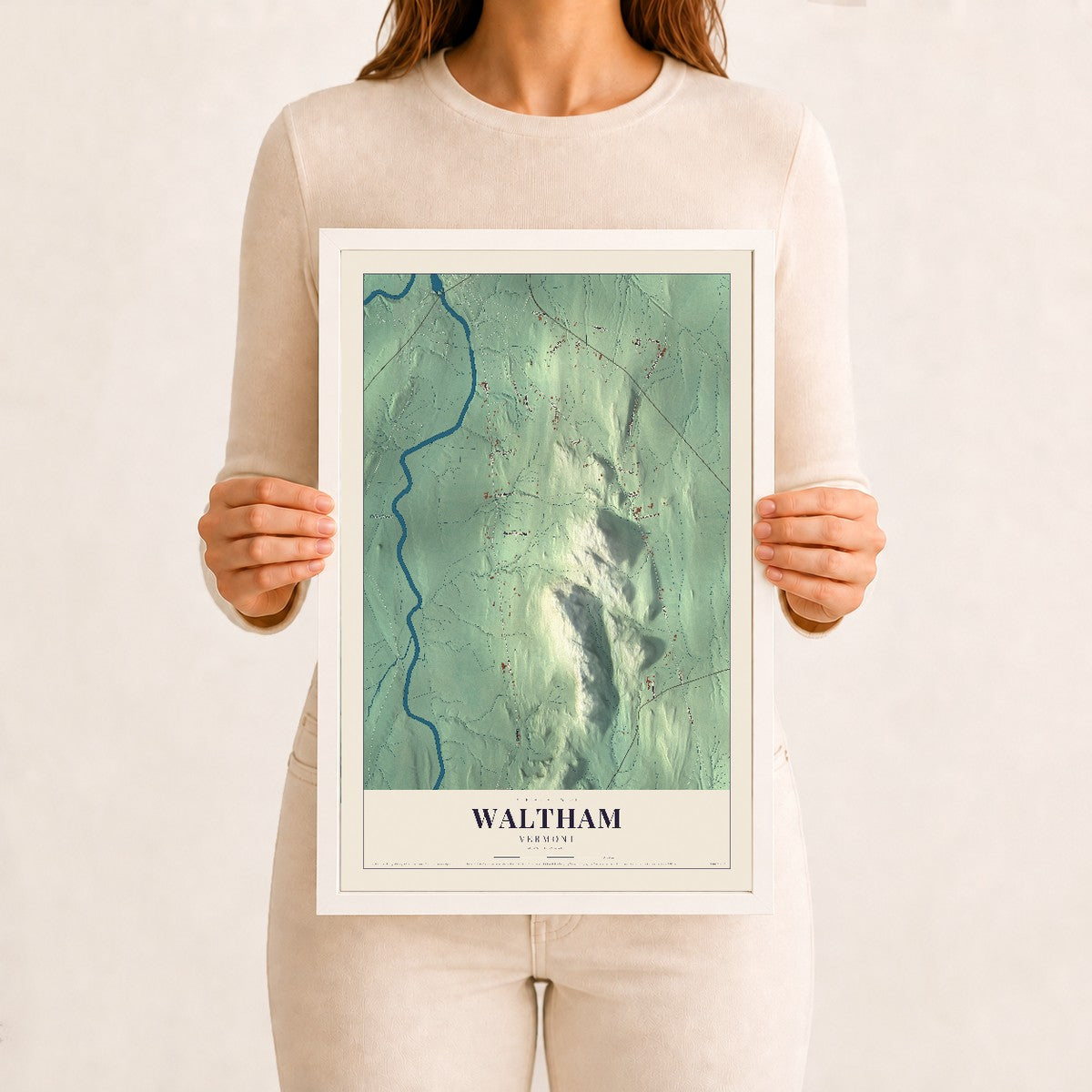 Waltham, Vermont map print - 12 x 18 white Ayous wood frame
