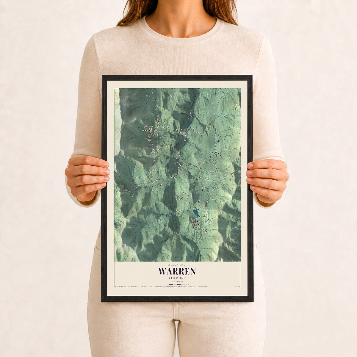 Warren, Vermont map print - 12 x 18 black Ayous wood frame