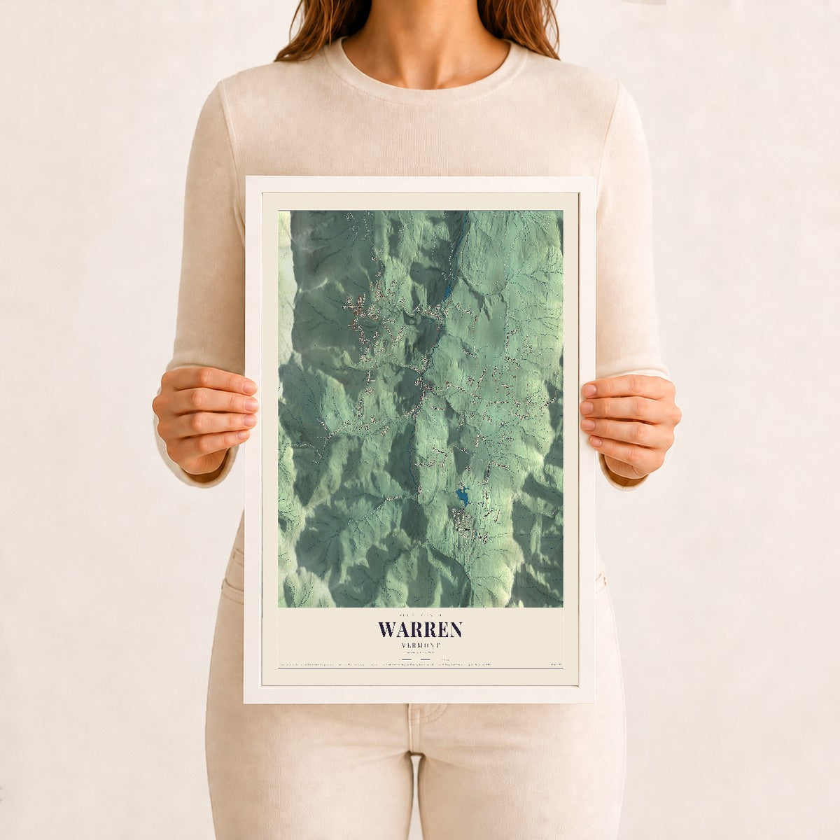 Warren, Vermont map print - 12 x 18 white Ayous wood frame