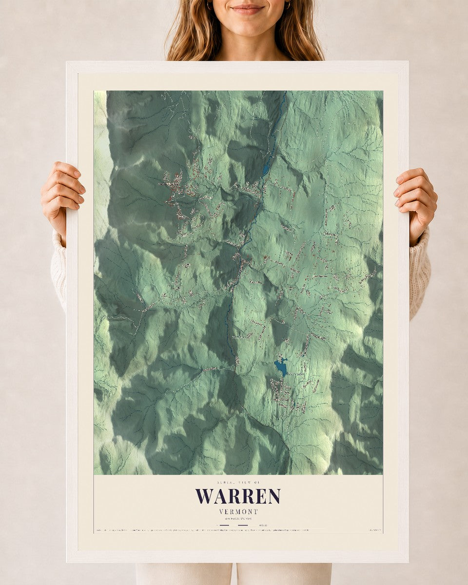 Warren, Vermont map print - 24 x 36 white Ayous wood frame