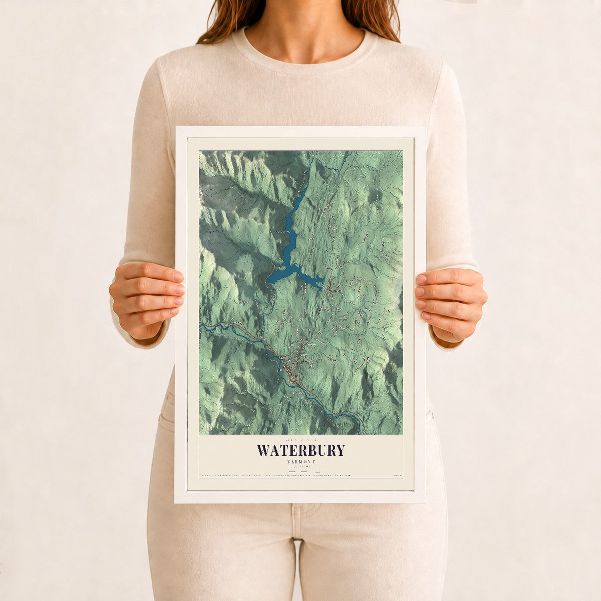 Waterbury, Vermont map print - 12 x 18 white Ayous wood frame
