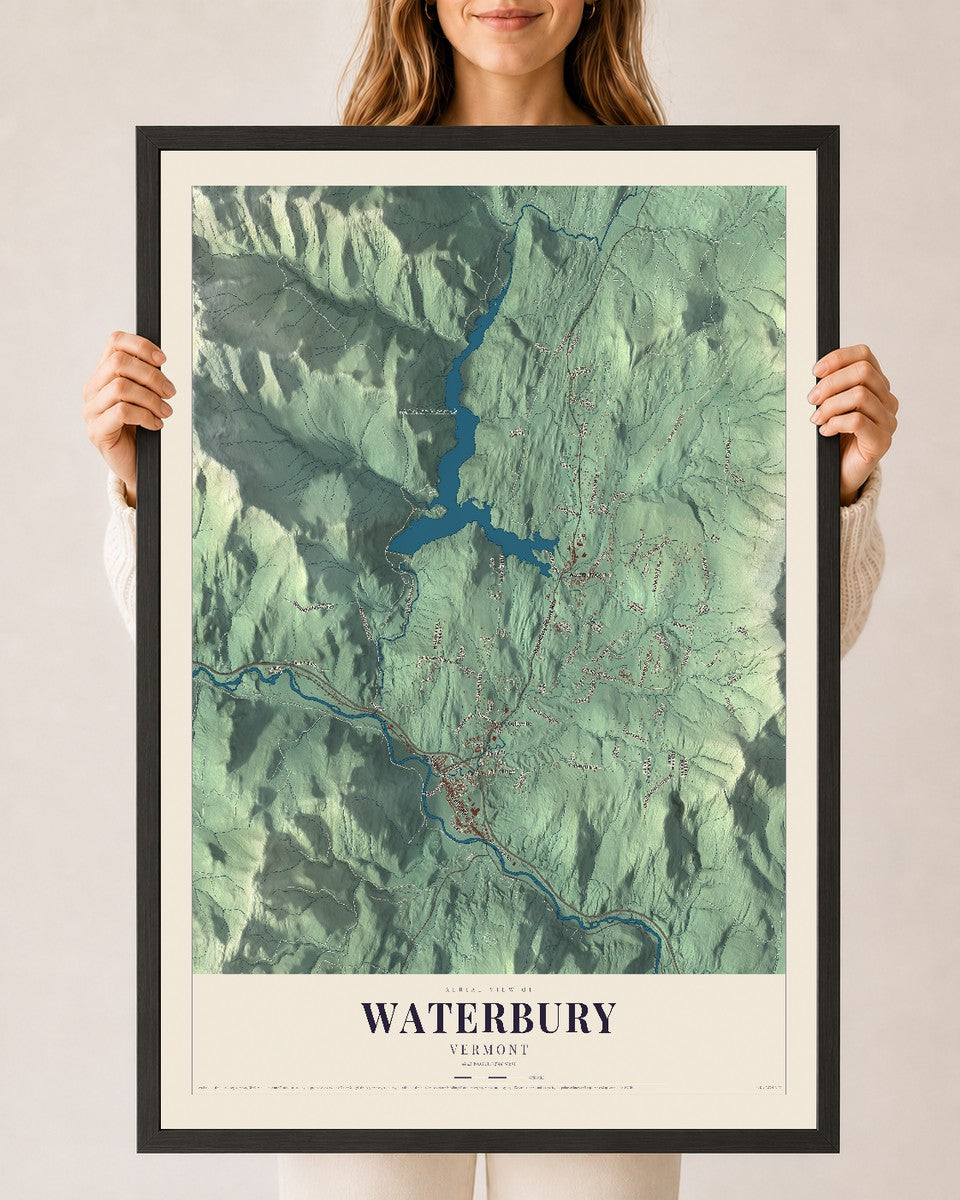 Waterbury, Vermont map print - 24 x 36 black Ayous wood frame