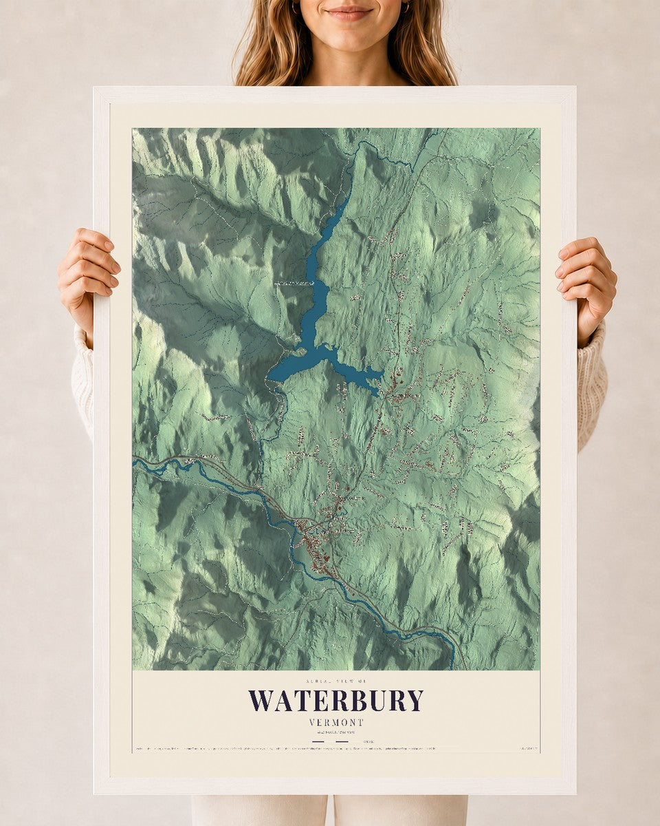 Waterbury, Vermont map print - 24 x 36 white Ayous wood frame