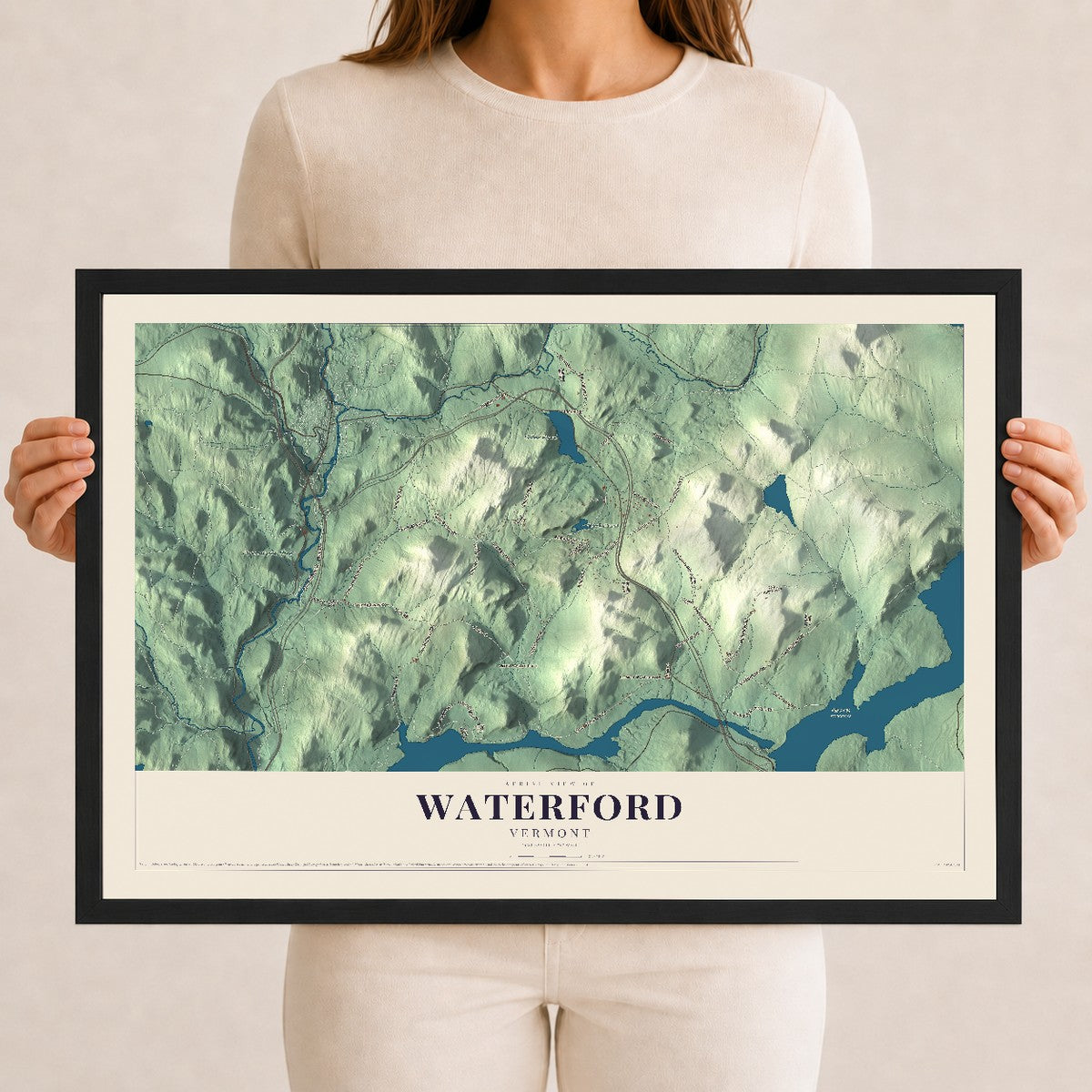 Map of Waterford, Vermont, 12 x 18 inch print in a black wood frame