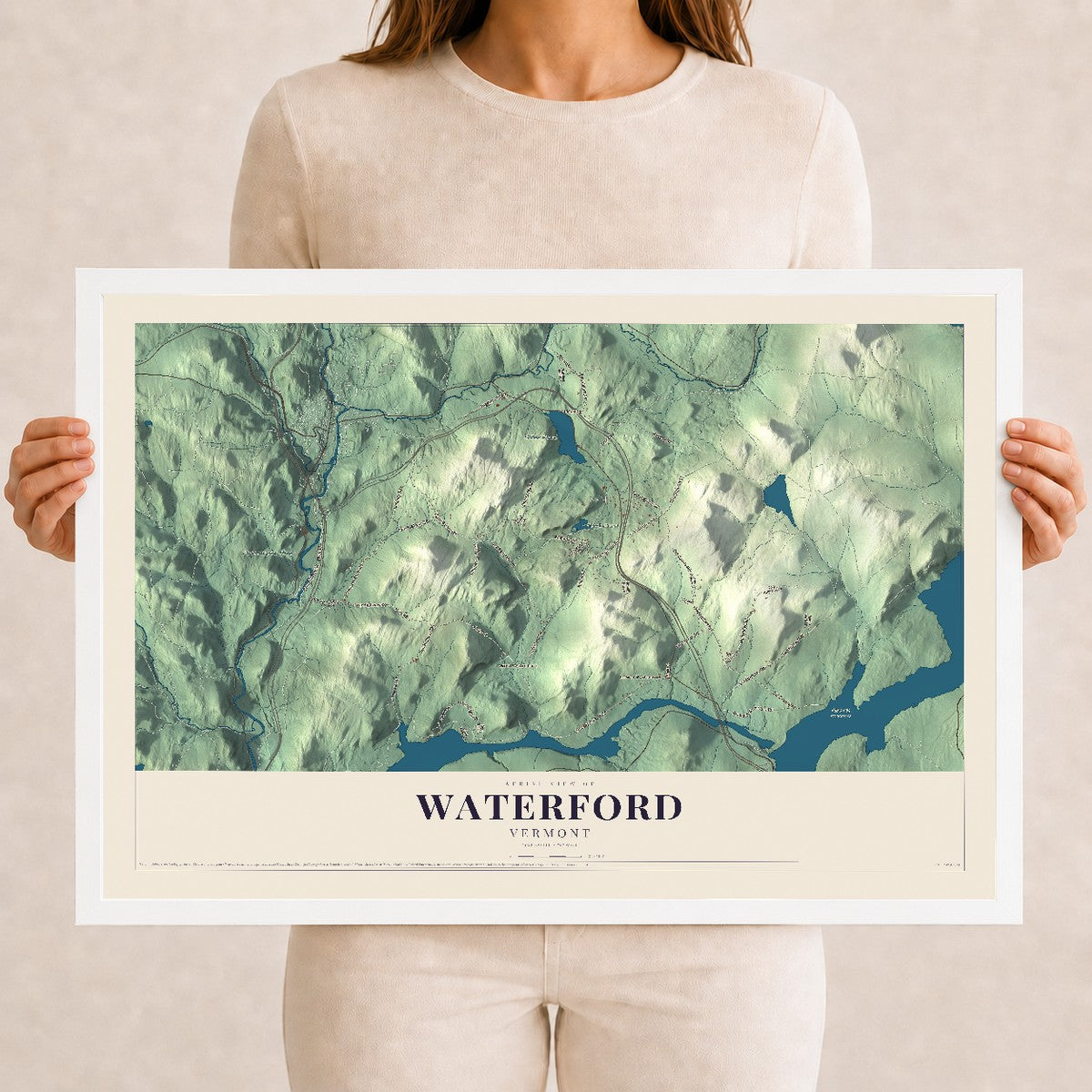 Map of Waterford, Vermont, 12 x 18 inch print in a white wood frame