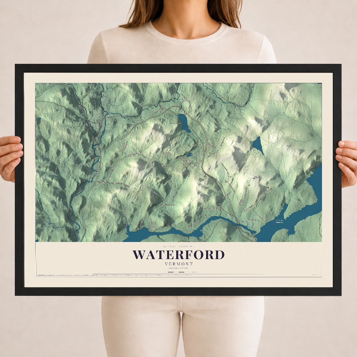Map of Waterford, Vermont, 18 x 24 inch print in a black wood frame