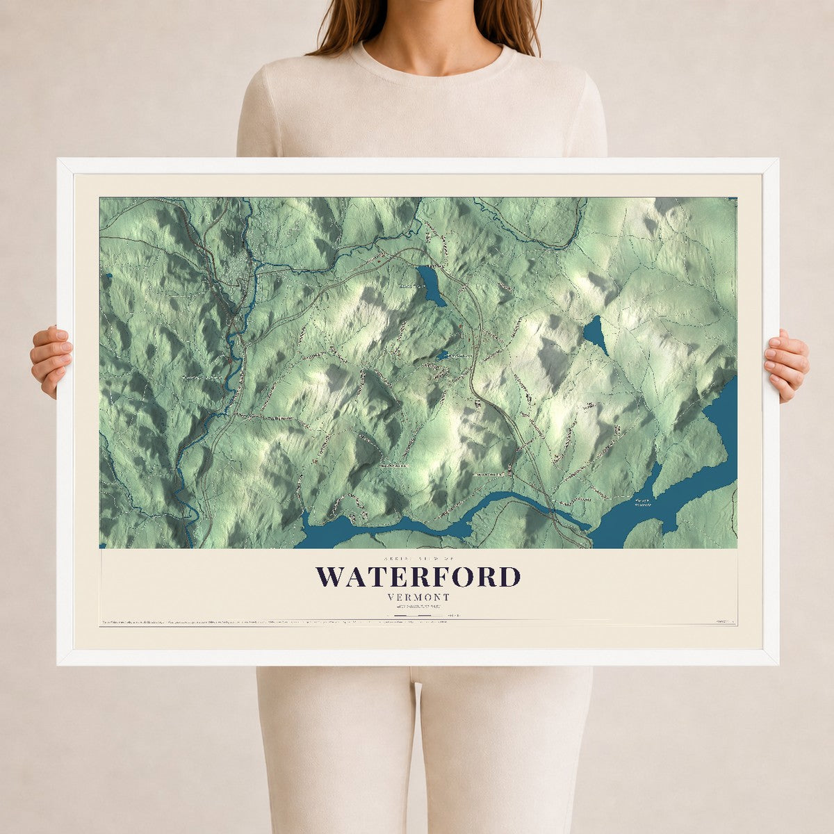 Map of Waterford, Vermont, 24 x 36 inch print in a white wood frame