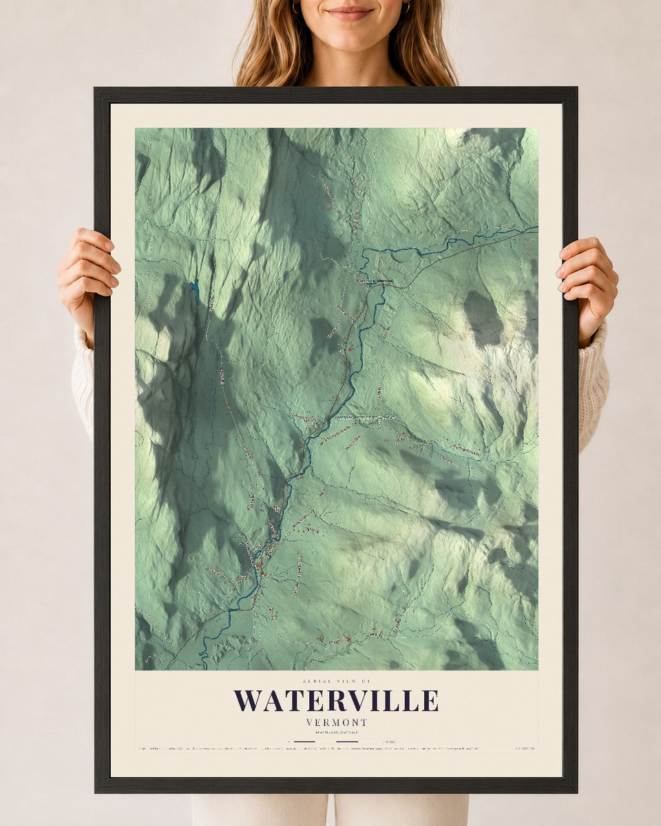 Waterville, Vermont map print - 24 x 36 black Ayous wood frame