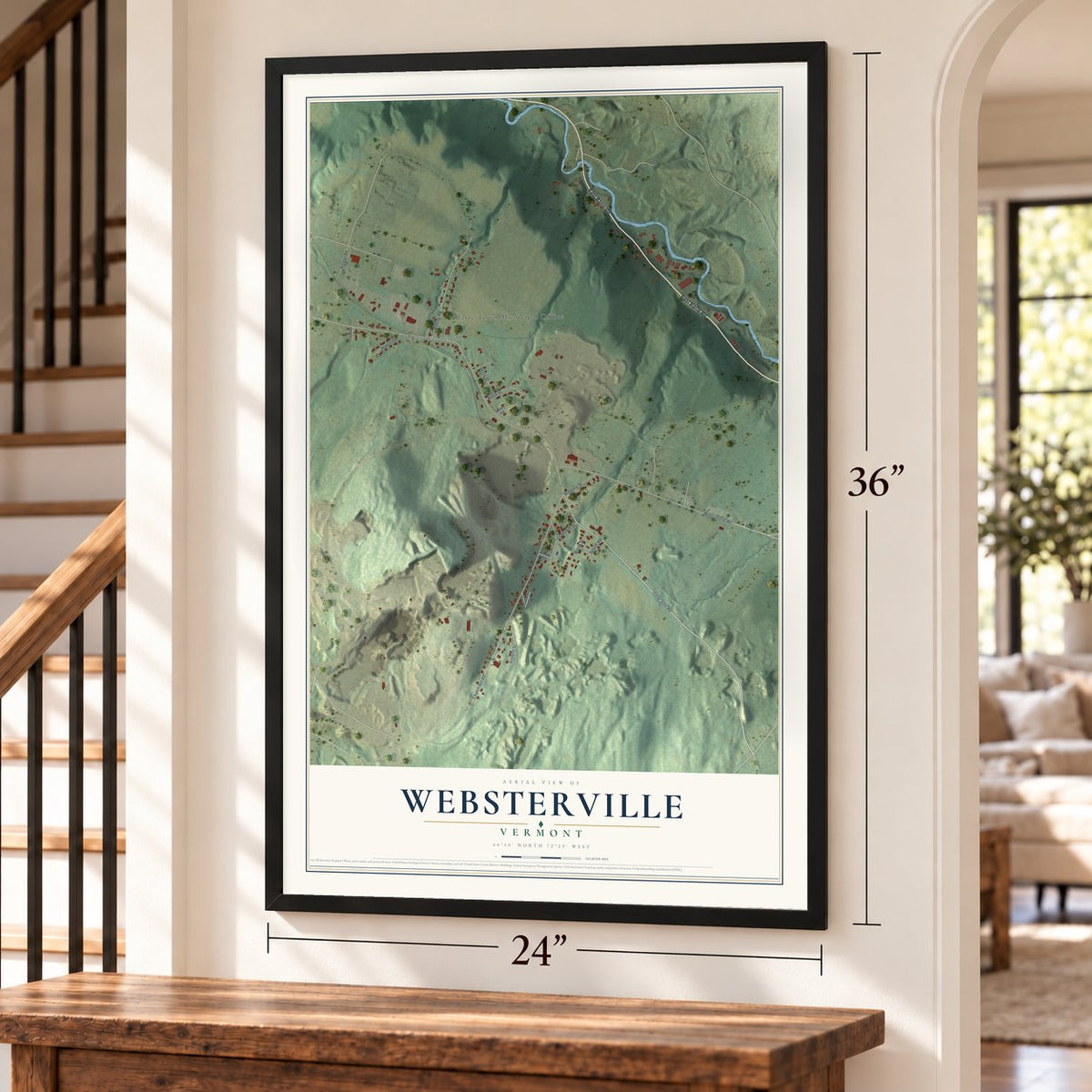 Websterville, Vermont map, 24 x 36 inch print in a black frame by a staircase
