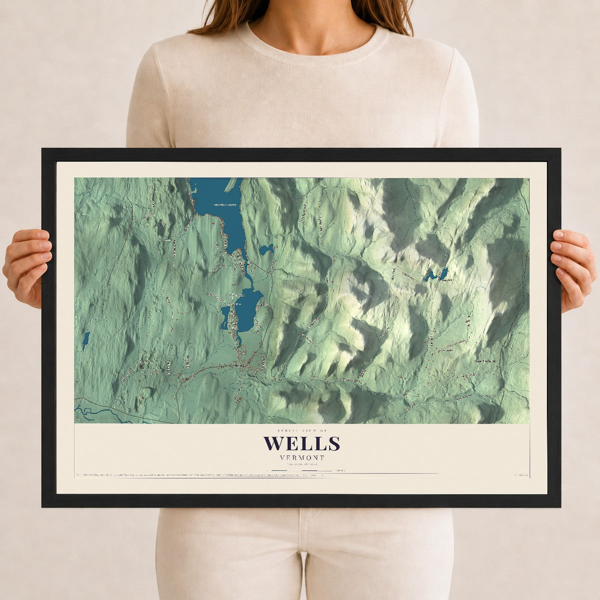 Map of Wells, Vermont, 12 x 18 inch print in a black wood frame