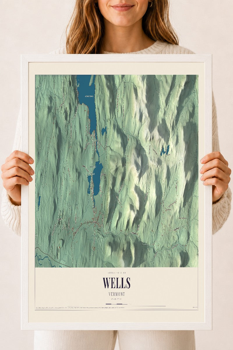Wells, Vermont map print - 18 x 24 white Ayous wood frame