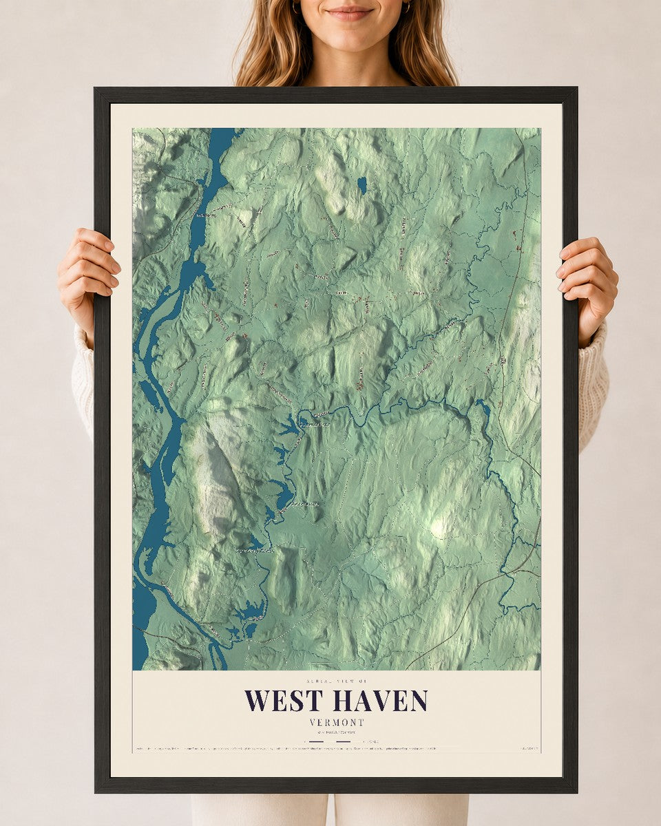 West Haven, Vermont map print - 24 x 36 black Ayous wood frame