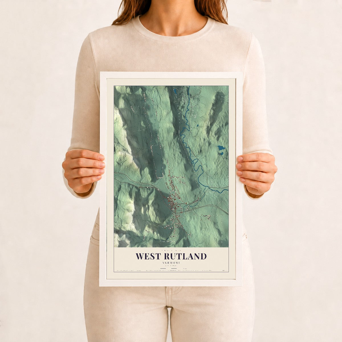 West Rutland, Vermont map print - 12 x 18 white Ayous wood frame