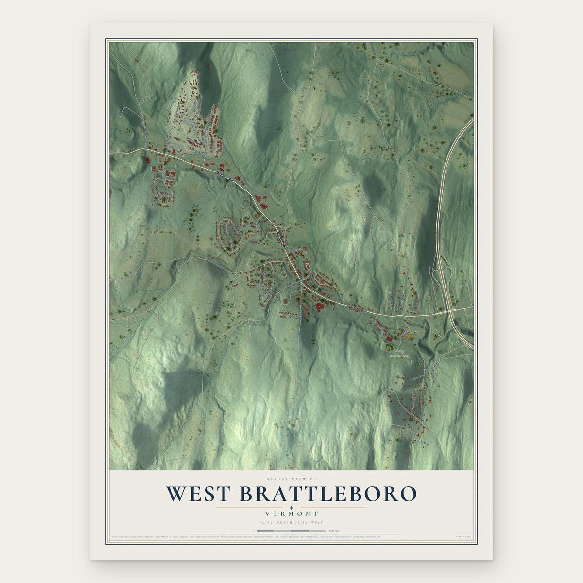 West Brattleboro, Vermont map print, the full design