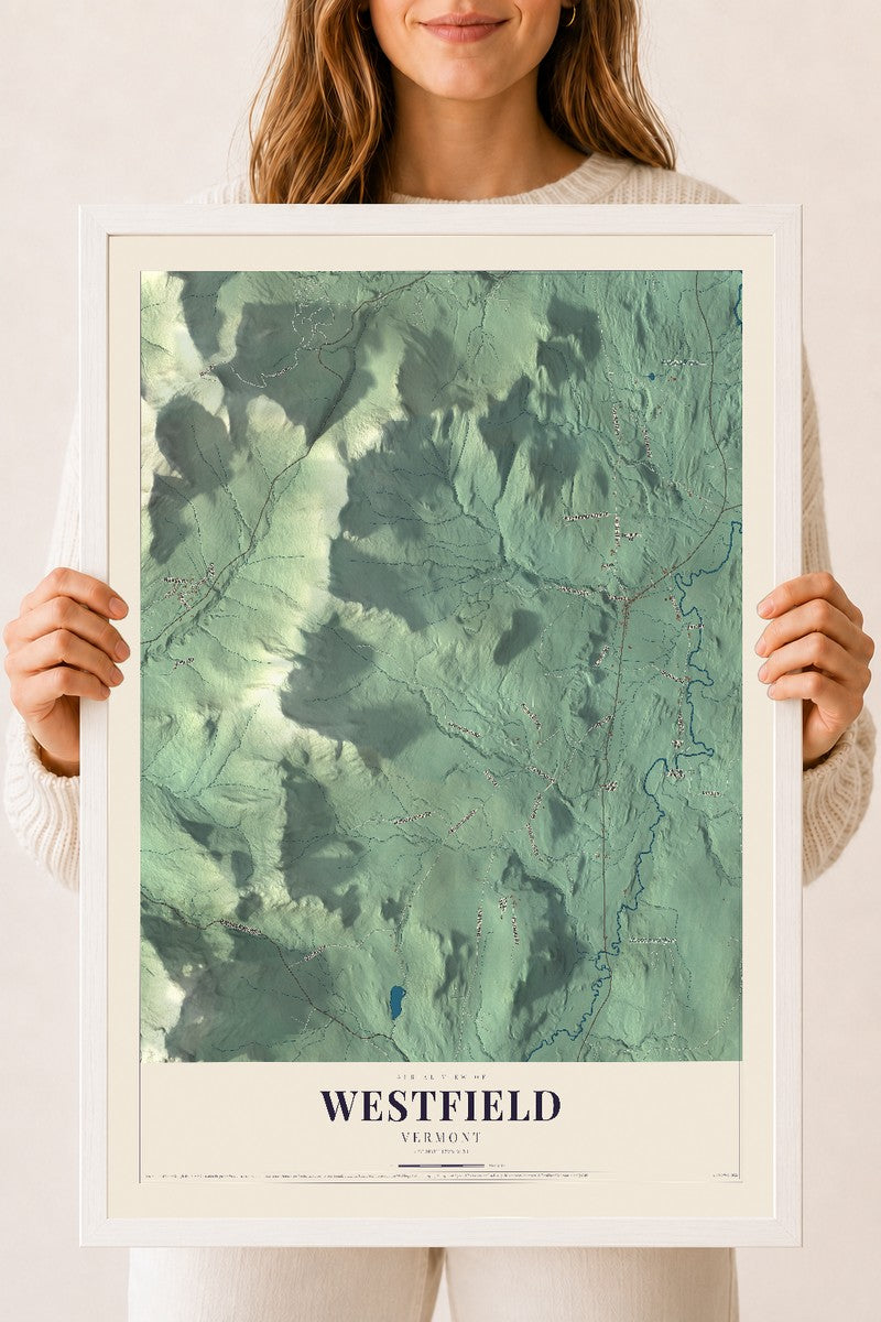 Westfield, Vermont map print - 18 x 24 white Ayous wood frame