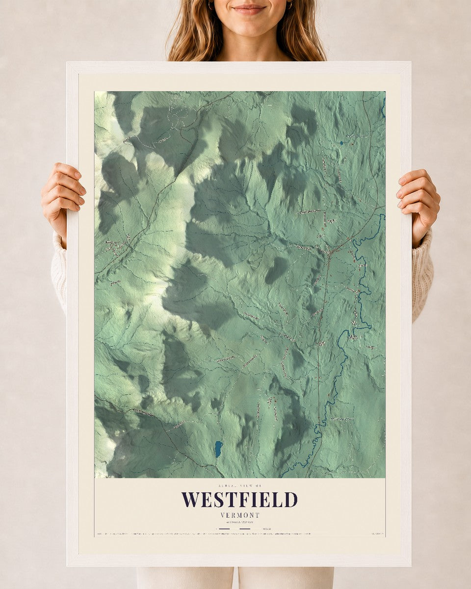 Westfield, Vermont map print - 24 x 36 white Ayous wood frame
