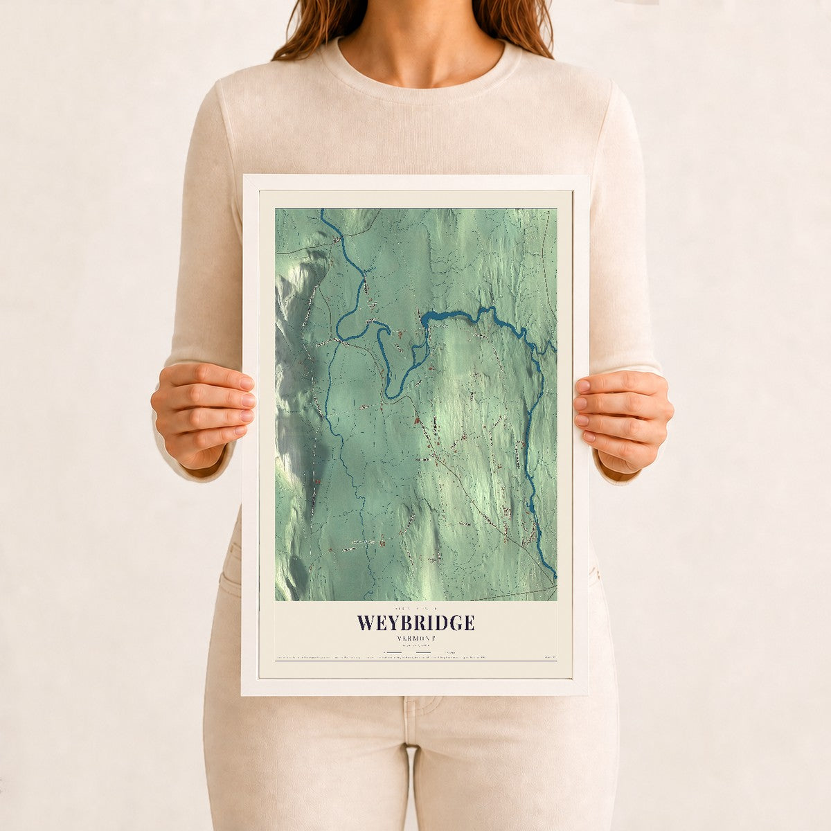 Weybridge, Vermont map print - 12 x 18 white Ayous wood frame