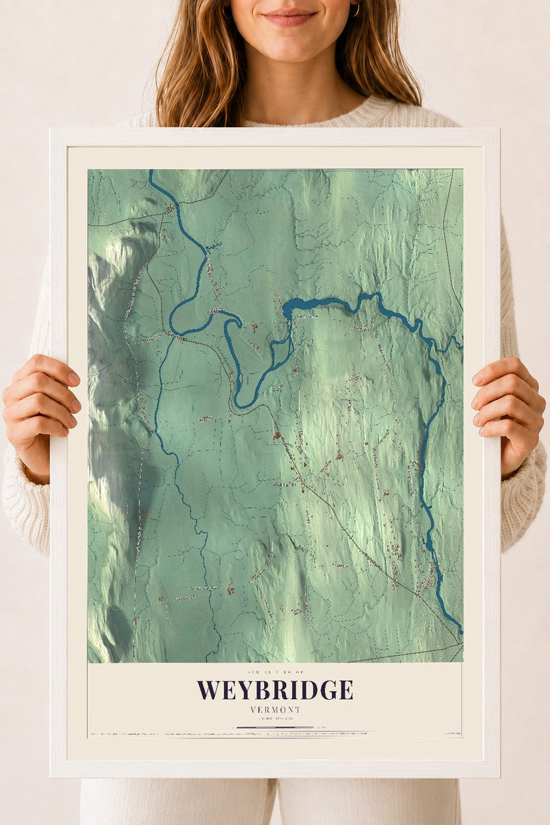 Weybridge, Vermont map print - 18 x 24 white Ayous wood frame