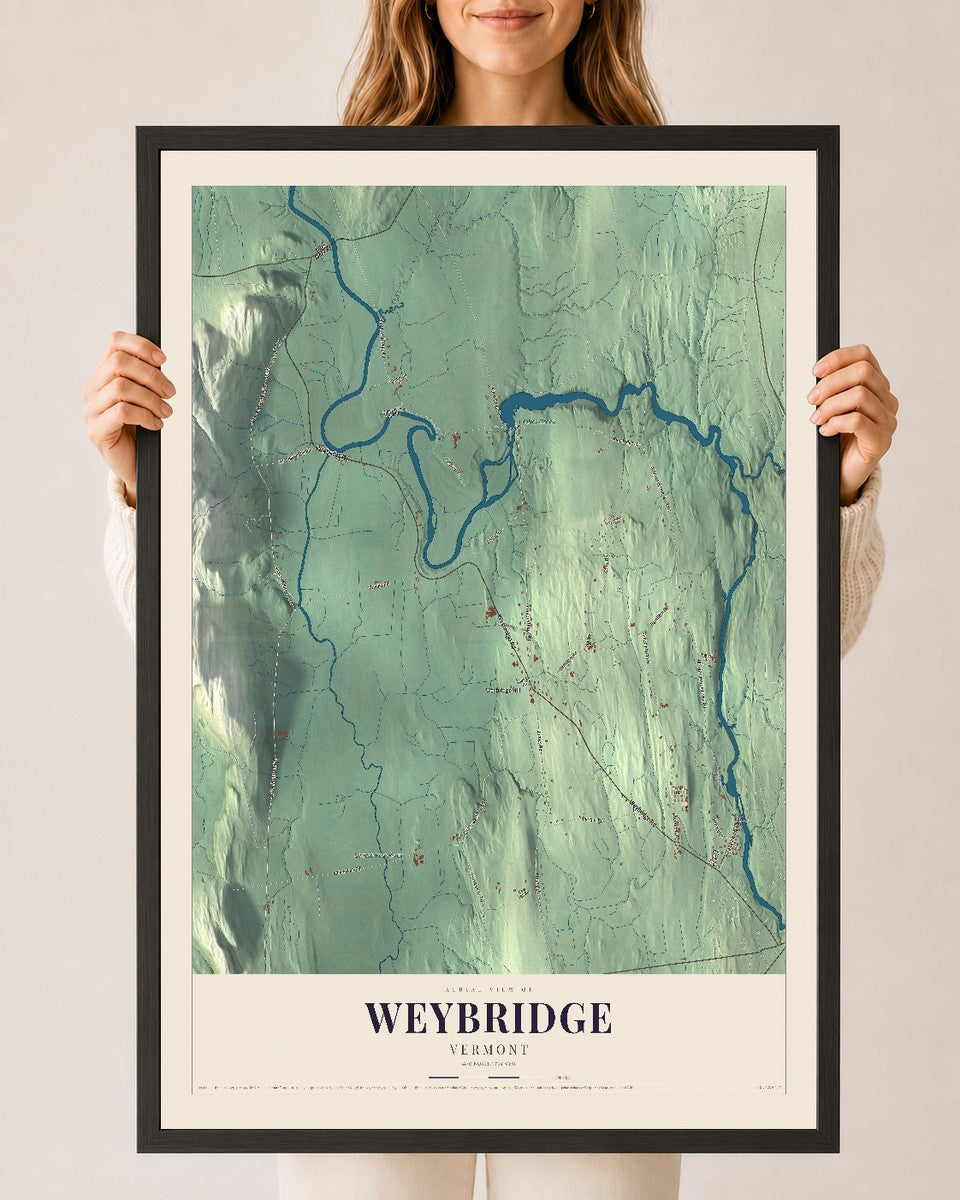 Weybridge, Vermont map print - 24 x 36 black Ayous wood frame