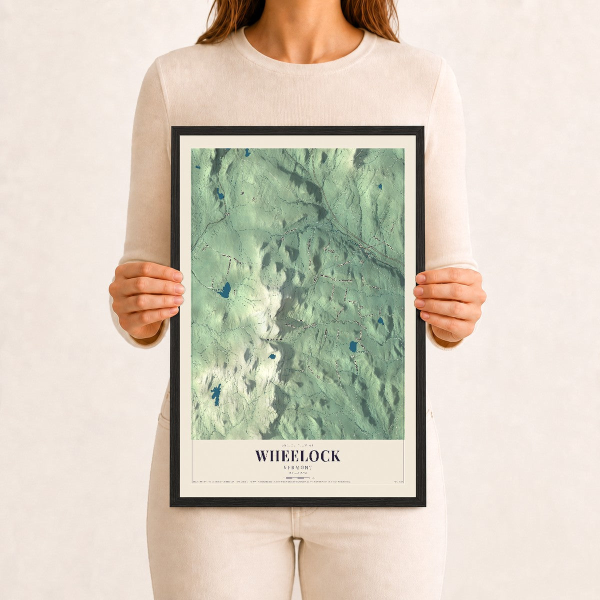 Wheelock, Vermont map print - 12 x 18 black Ayous wood frame