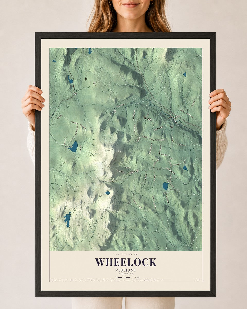 Wheelock, Vermont map print - 24 x 36 black Ayous wood frame